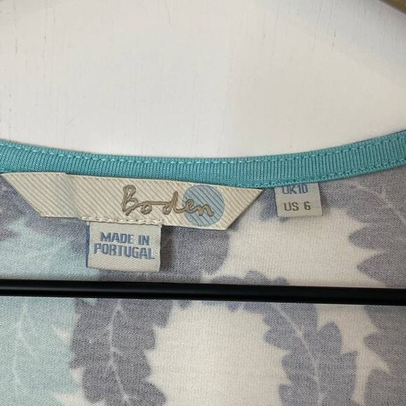 Boden Blue White Feather Printed Long Sleeve Ruched Waist Dress Women's Size 6 - Picture 8 of 9